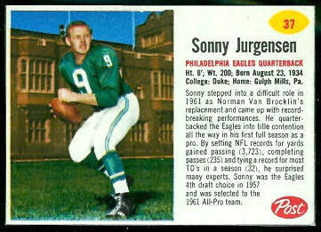 Sonny Jurgensen 1962 Post Cereal football card