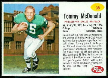 Tommy McDonald 1962 Post Cereal football card