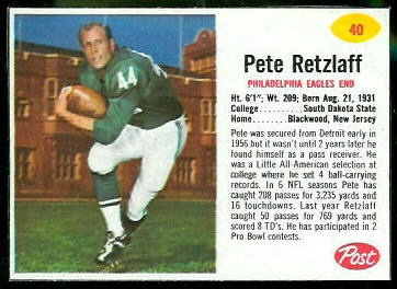 Pete Retzlaff 1962 Post Cereal football card