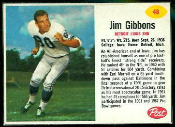 Jim Gibbons 1962 Post Cereal football card