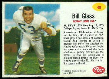 Bill Glass 1962 Post Cereal football card