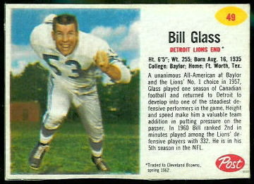Bill Glass 1962 Post Cereal football card Bill Glass 1962 Post Cereal football card
