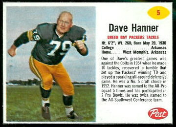 Dave Hanner 1962 Post Cereal football card