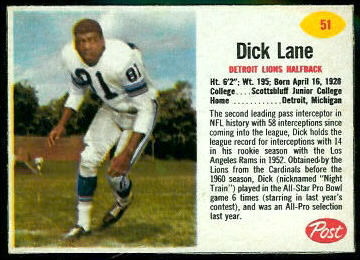 Dick Lane 1962 Post Cereal football card Dick Lane 1962 Post Cereal football card