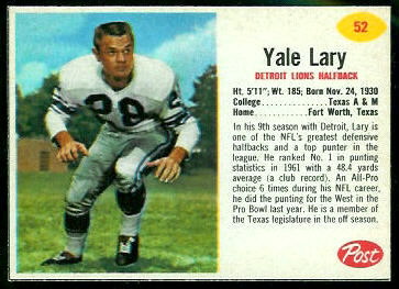 Yale Lary 1962 Post Cereal football card