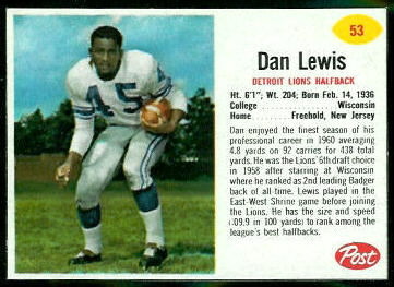 Dan Lewis 1962 Post Cereal football card