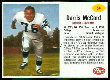 Darris McCord 1962 Post Cereal football card