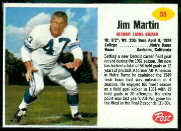 Jim Martin 1962 Post Cereal football card