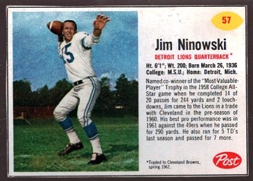 Jim Ninowski 1962 Post Cereal football card