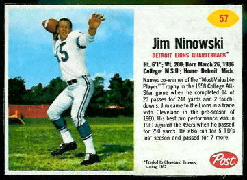 Jim Ninowski 1962 Post Cereal football card