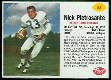 Nick Pietrosante 1962 Post Cereal football card
