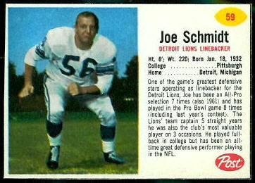 Joe Schmidt 1962 Post Cereal football card