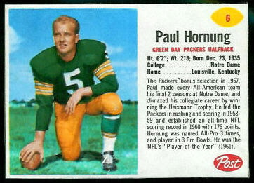 Paul Hornung 1962 Post Cereal football card