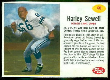 Harley Sewell 1962 Post Cereal football card