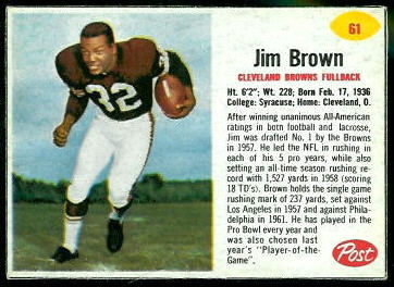 Jim Brown 1962 Post Cereal football card Jim Brown 1962 Post Cereal football card