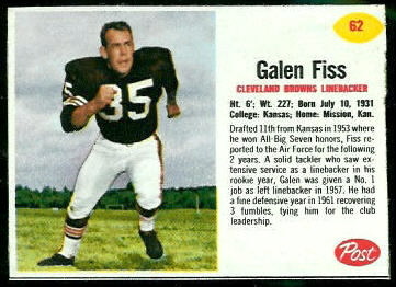 Galen Fiss 1962 Post Cereal football card