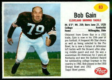 Bob Gain 1962 Post Cereal football card Bob Gain 1962 Post Cereal football card