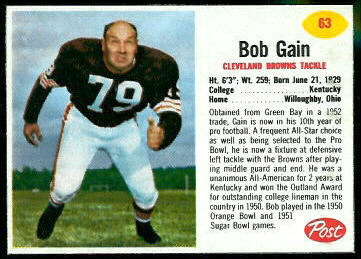 Bob Gain 1962 Post Cereal football card