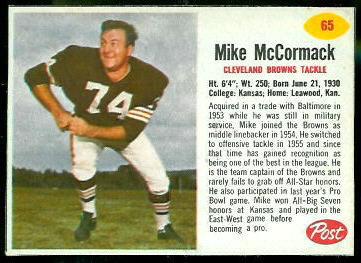 Mike McCormack 1962 Post Cereal football card