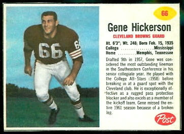 Gene Hickerson 1962 Post Cereal football card