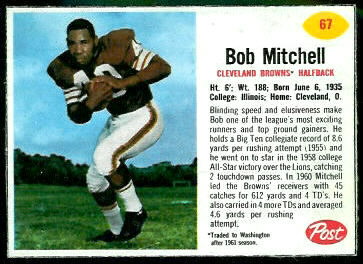 Bobby Mitchell 1962 Post Cereal football card Bobby Mitchell 1962 Post Cereal football card
