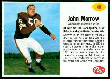 John Morrow 1962 Post Cereal football card