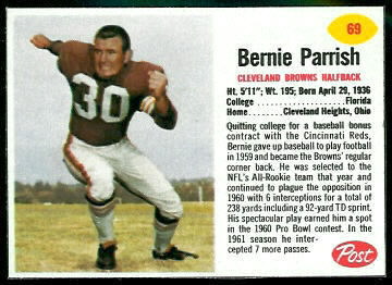 Bernie Parrish 1962 Post Cereal football card