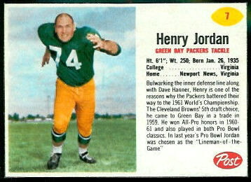 Henry Jordan 1962 Post Cereal football card