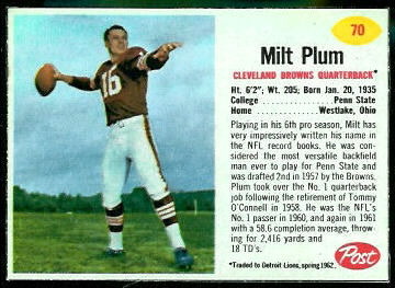 Milt Plum 1962 Post Cereal football card