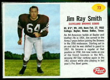 Jim Ray Smith 1962 Post Cereal football card