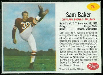 Sam Baker 1962 Post Cereal football card