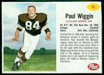 Paul Wiggin 1962 Post Cereal football card Paul Wiggin 1962 Post Cereal football card