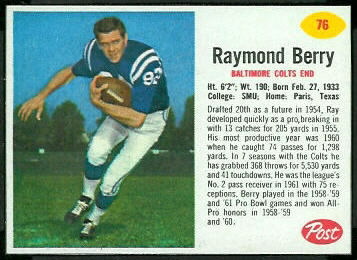 Raymond Berry 1962 Post Cereal football card