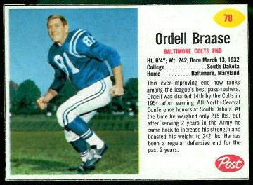 Ordell Braase 1962 Post Cereal football card