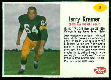 Jerry Kramer 1962 Post Cereal football card