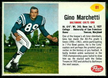 Gino Marchetti 1962 Post Cereal football card