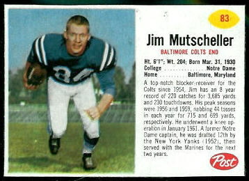 Jim Mutscheller 1962 Post Cereal football card