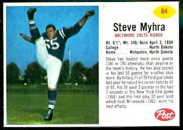 Steve Myhra 1962 Post Cereal football card