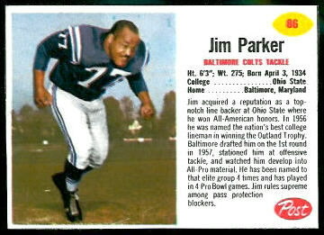 Jim Parker 1962 Post Cereal football card Jim Parker 1962 Post Cereal football card
