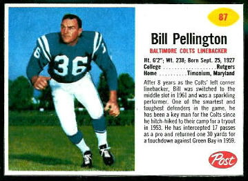 Bill Pellington 1962 Post Cereal football card