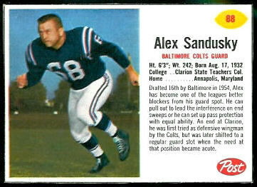 Alex Sandusky 1962 Post Cereal football card