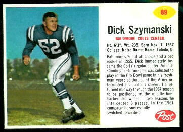 Dick Szymanski 1962 Post Cereal football card