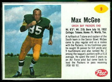 Max McGee 1962 Post Cereal football card