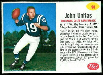 John Unitas 1962 Post Cereal football card