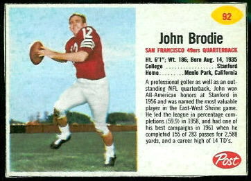 John Brodie 1962 Post Cereal football card