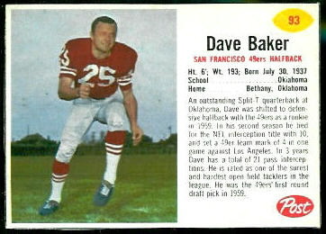 Dave Baker 1962 Post Cereal football card