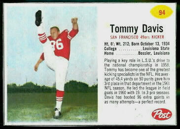 Tommy Davis 1962 Post Cereal football card