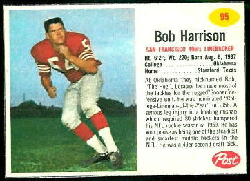 Bob Harrison 1962 Post Cereal football card