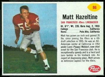 Matt Hazeltine 1962 Post Cereal football card Matt Hazeltine 1962 Post Cereal football card