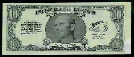 Y.A. Tittle 1962 Topps Bucks football card